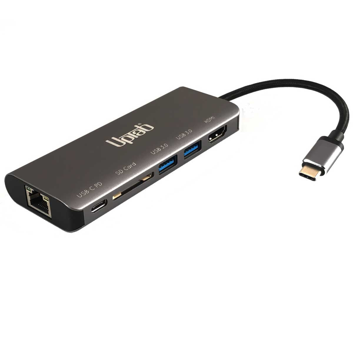 UPTab USB-C 3.2 to HDMI 2.0 4K 30Hz HDR, 2 USB 3.0 5Gbps, Card Reader, USB-C PD or Data 5Gbps and Gigabit Ethernet Adapter - Graphite