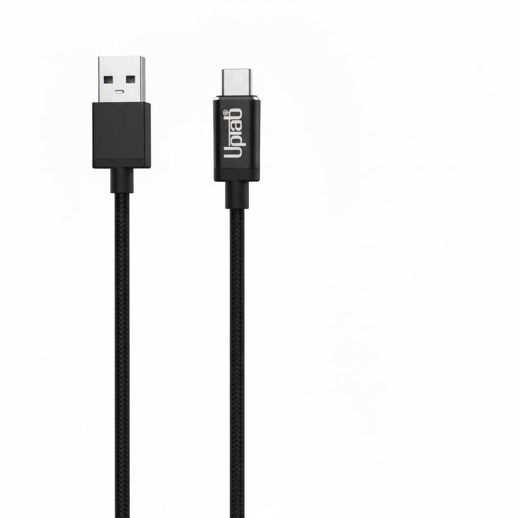 UPTab Black USB cable with one end being a standard USB connector and the other being a micro USB connector, on a white background.