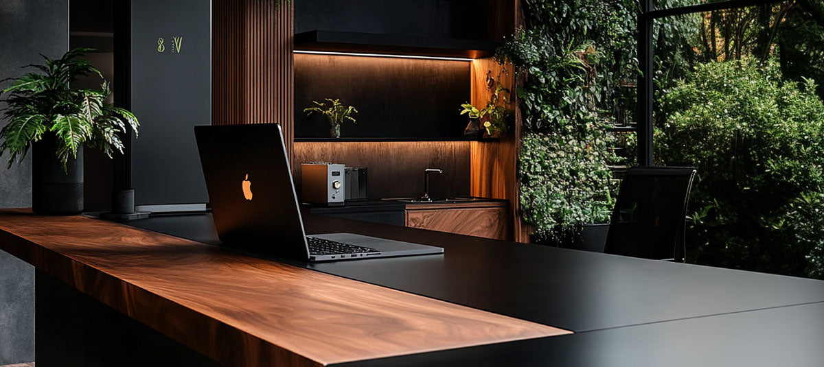 Laptop on a wooden desk with a modern interior background
