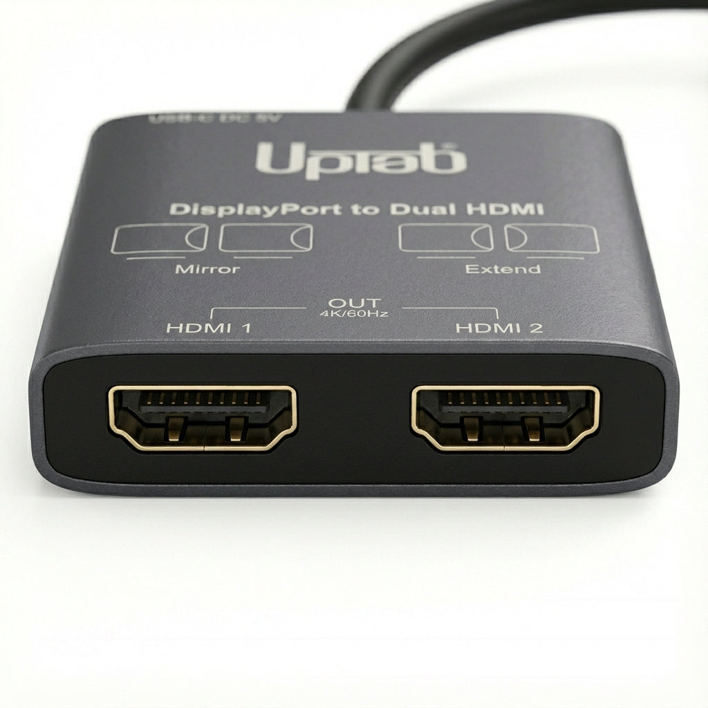 DisplayPort to Dual HDMI adapter with Uptab branding on a white background
