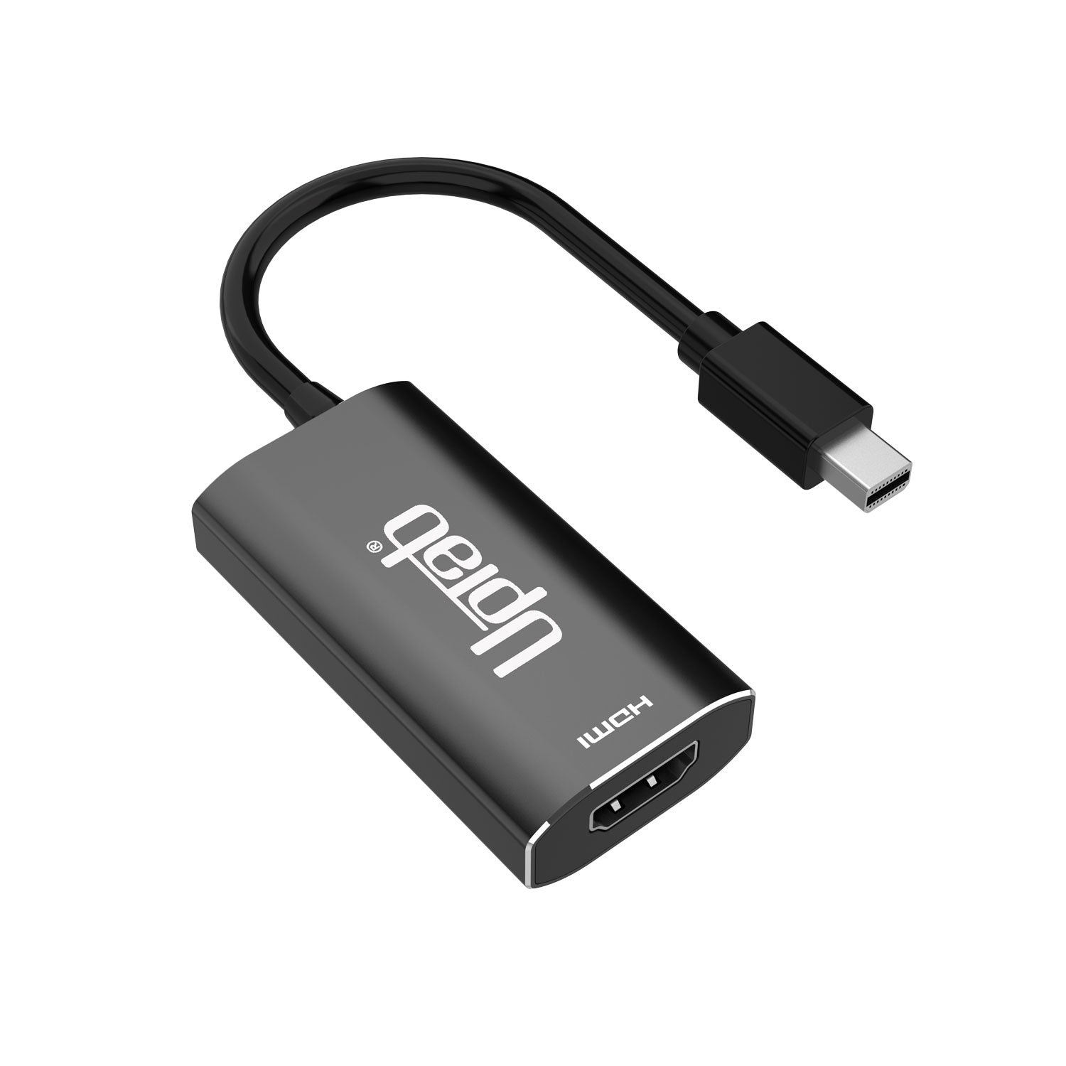 Black Mini DisplayPort to HDMI 8K and 4K 120Hz adapter with cable on a white background