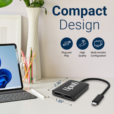 Close-up of UPTab USB-C to Dual DisplayPort Adapter showing USB-C and dual DisplayPort connectors for high-performance multi-monitor setups.